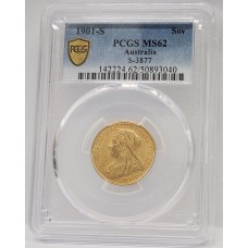 AUSTRALIA 1901 . ONE 1 SOVEREIGN . SYDNEY . GOLD . PCGS MS62